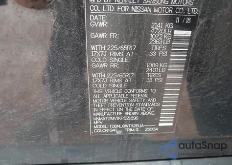 2019 Nissan Rogue Sv z USA, uszkodzony, nr VIN KNMAT2MV1KP521896